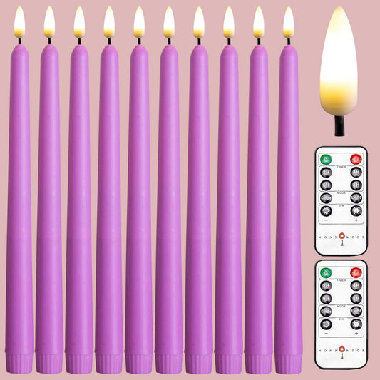 NONNO & ZGF 10 Pack Purple Flameless 11'' Wax Covered Taper Candles with 2 Remote, Use 2-AA Battery (Not Included, Runs 200 Hours)
