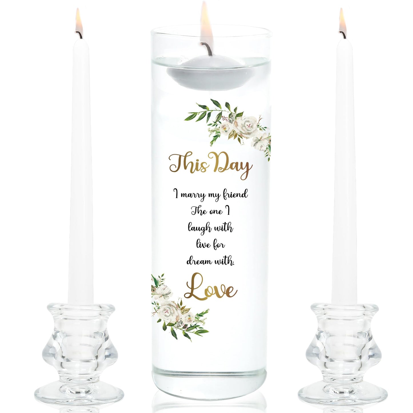Unity Candles with Glass Holder for Wedding Ceremony - Unity Candles for Wedding, Religious Ceremony Ideas Marriage Decoration Accessories Set for Newly Couple Anniversary Church (Flower)