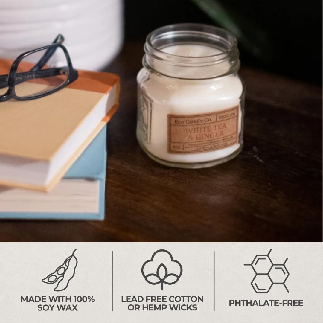ECO CANDLE CO. Mason Jar Candle, Caramel Rum Cake, 8 oz. - Scents of Caramel, Rum, Maple, Almond, Pear, & Vanilla - 100% Soy Wax, No Lead, Kraft Label & Antiqued Pewter Lid, Hand Made