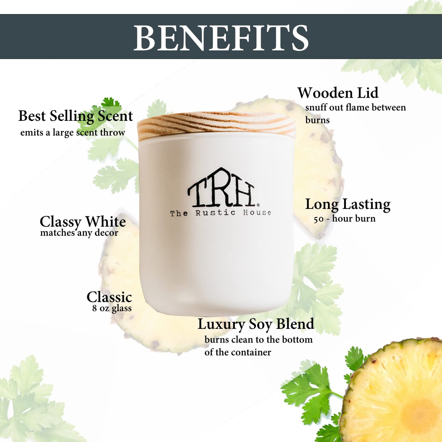 The Rustic House, Soy Candle, Pineapple + Cilantro - Long Burning, Non-Toxic, Wood Lid, Aesthetic Glass Jar