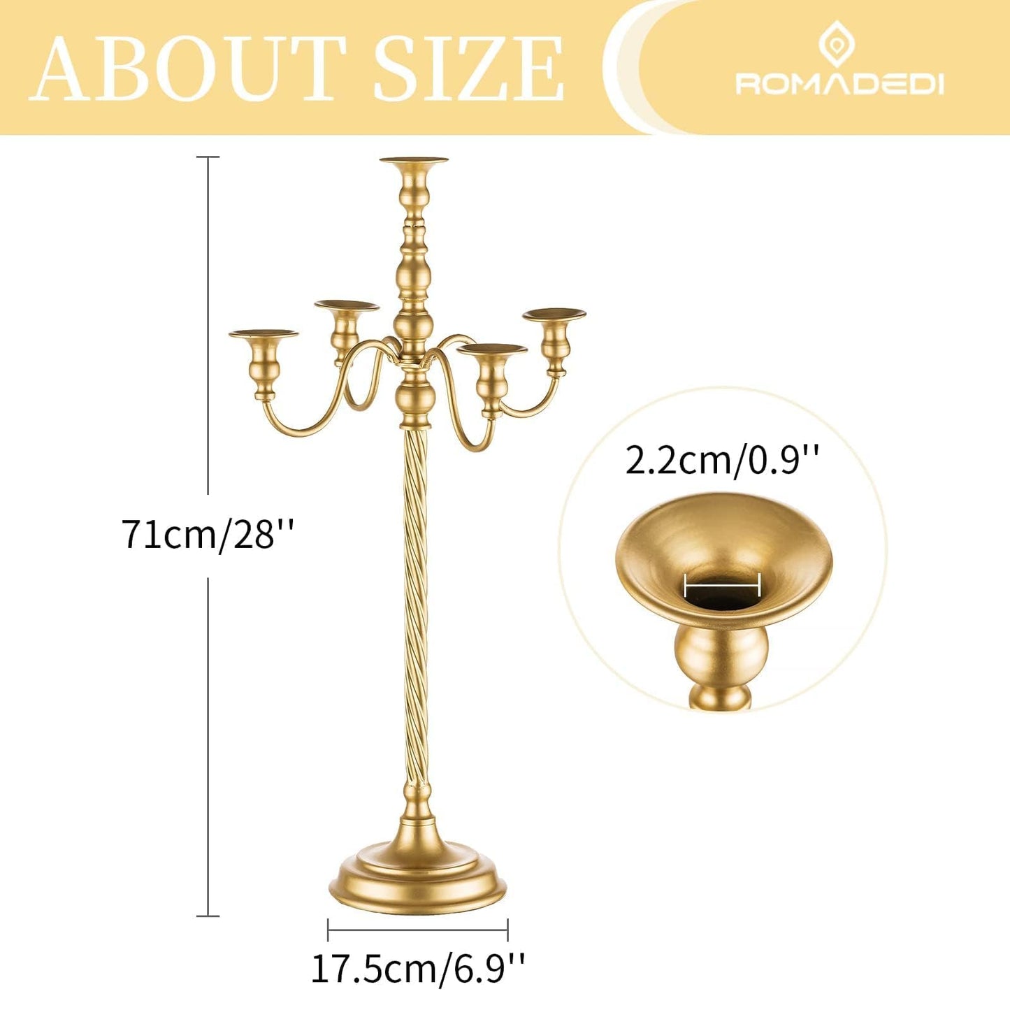 Romadedi Candelabra Gold Candle Stand: 28" Tall 5-Branch Candlestick Holder for Wedding Centerpiece Decor Christmas Holiday Event Reception Decoration,2Pcs