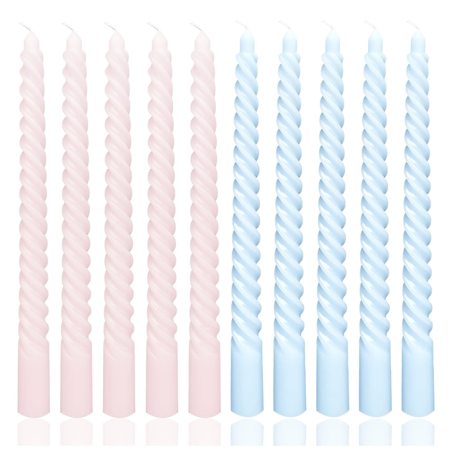 10 Inch 10 Pack Baby Pink and Baby Blue Spiral Taper Candle Set, Unscented Dripless Candlesticks for Dinner Baby Shower Party Brithday Wedding and Home Decoration