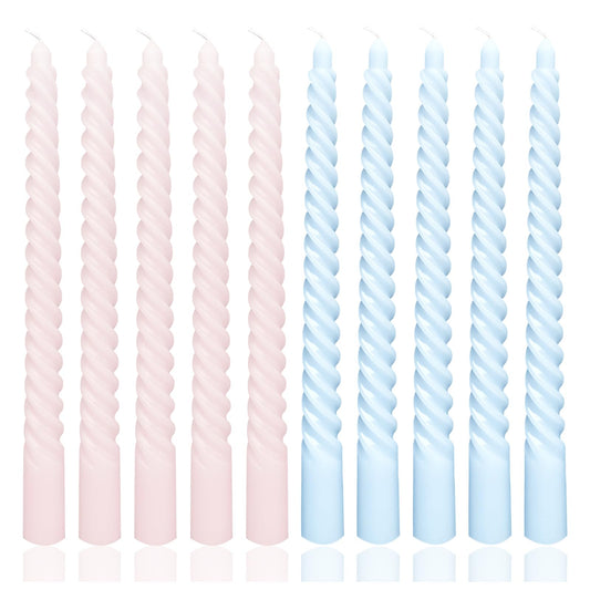 10 Inch 10 Pack Baby Pink and Baby Blue Spiral Taper Candle Set, Unscented Dripless Candlesticks for Dinner Baby Shower Party Brithday Wedding and Home Decoration