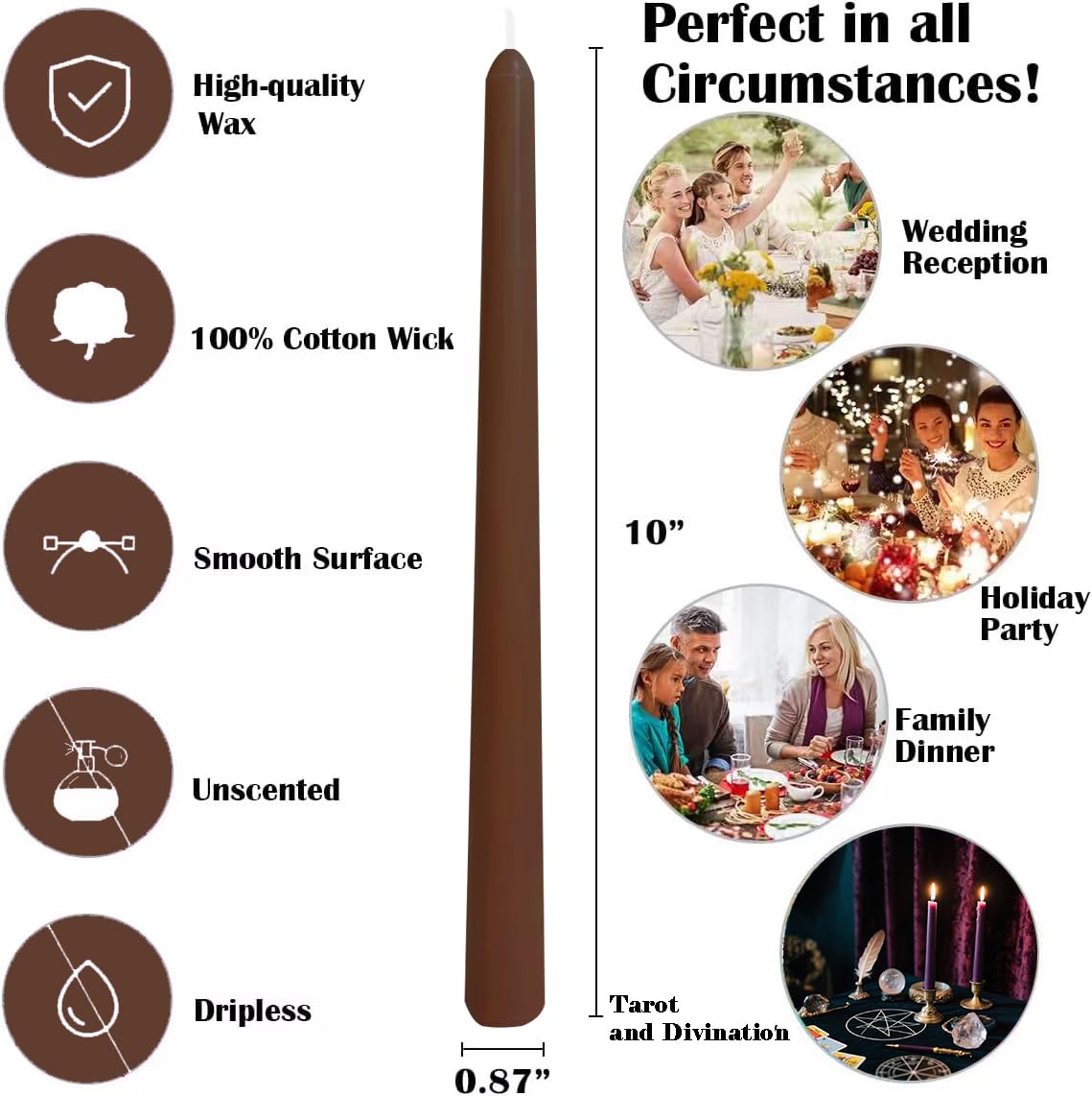 12-Pack Brown Taper Candles, 10 Inch Unscented Dripless Candlesticks, Long-Lasting Burn Time of 7-8 Hours, Perfect for Home Décor Dinner Party Meditation