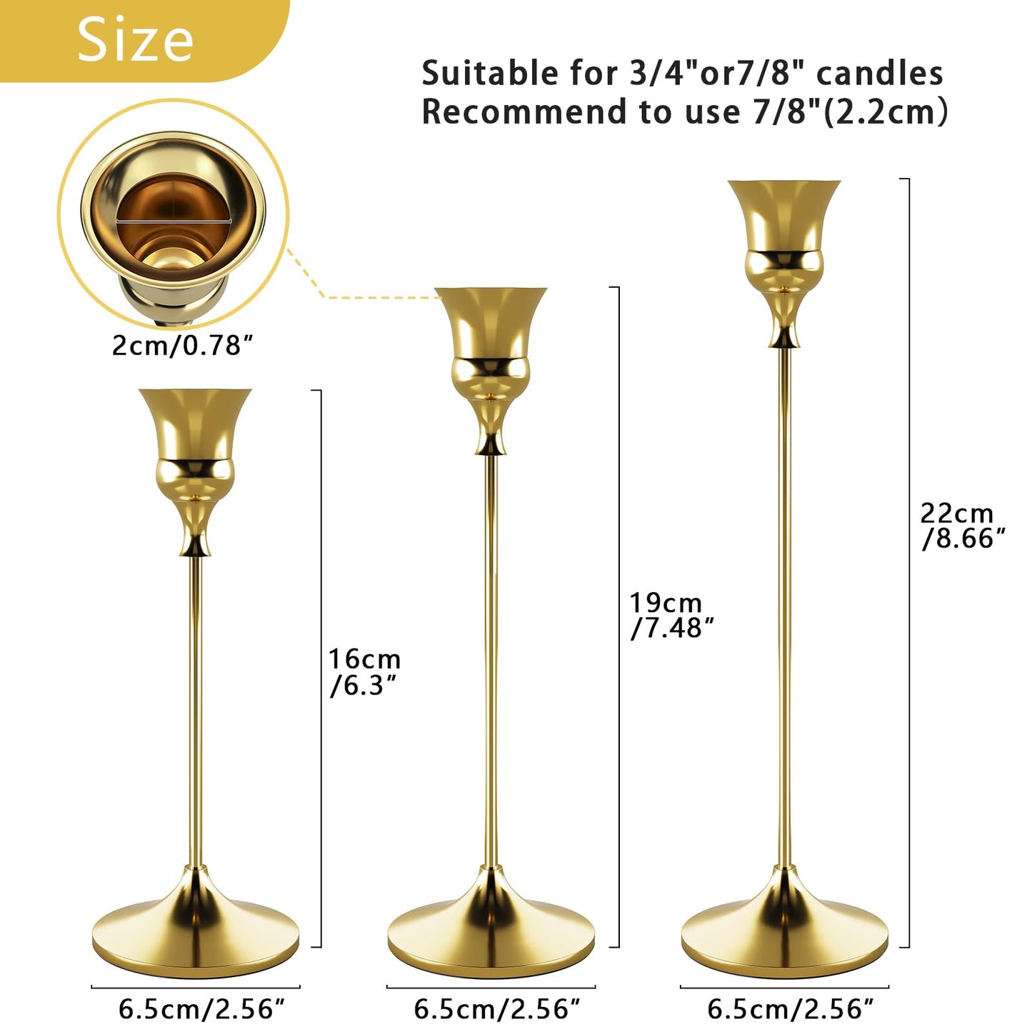 Showin Candlestick Holders Gold, 3 Packs Taper Candle Holder for Candlesticks, Candle Sticks Holder Decor for Home Decor