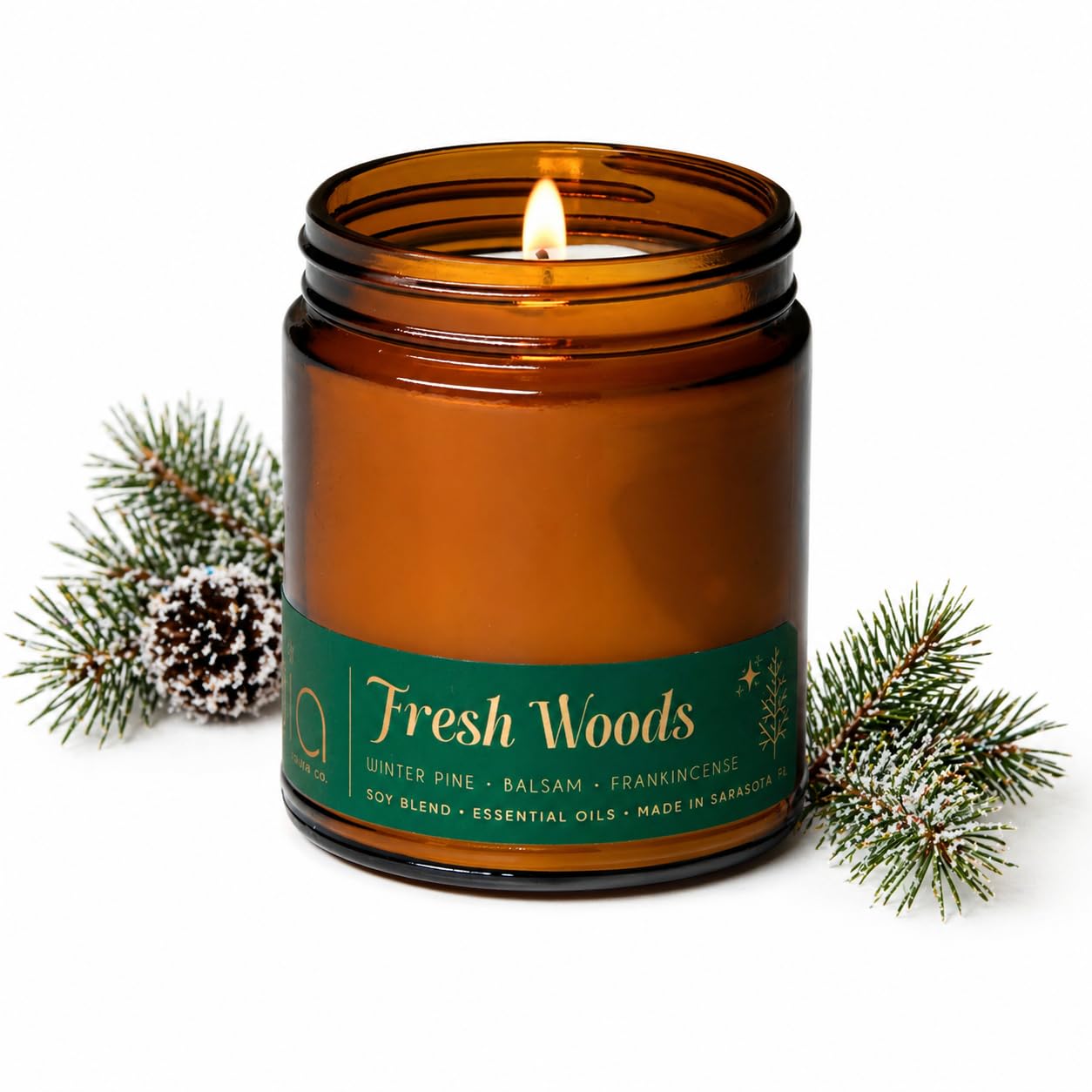 Bia Candle Co. Fresh Woods Green, Pine Balsam Spruce Cedar Soy Candle, High Fragrance Load, Lead-Free Wick, Reusable Glass Jar, Evergreen Candle, Woodland Scent, 7 oz