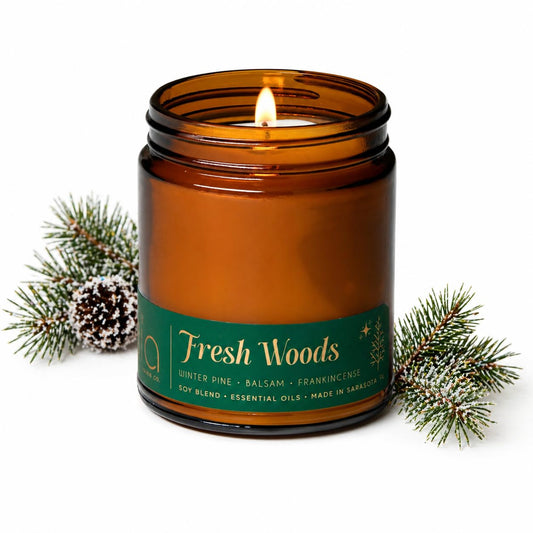 Bia Candle Co. Fresh Woods Green, Pine Balsam Spruce Cedar Soy Candle, High Fragrance Load, Lead-Free Wick, Reusable Glass Jar, Evergreen Candle, Woodland Scent, 7 oz