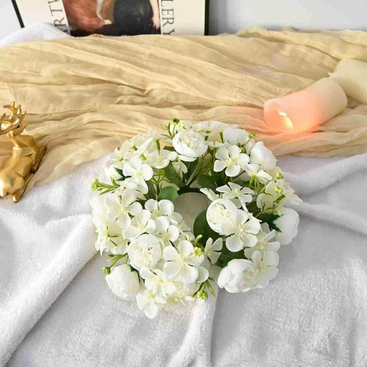 Set of 4 Artificial Rose Flower Candle Rings Wreaths 3 Inch Center Mini Hydrangea Floral Candle Wreaths 9" Small Candle Holder Rings for Pillars Spring Wedding Party Home Tabletop Decor (White)