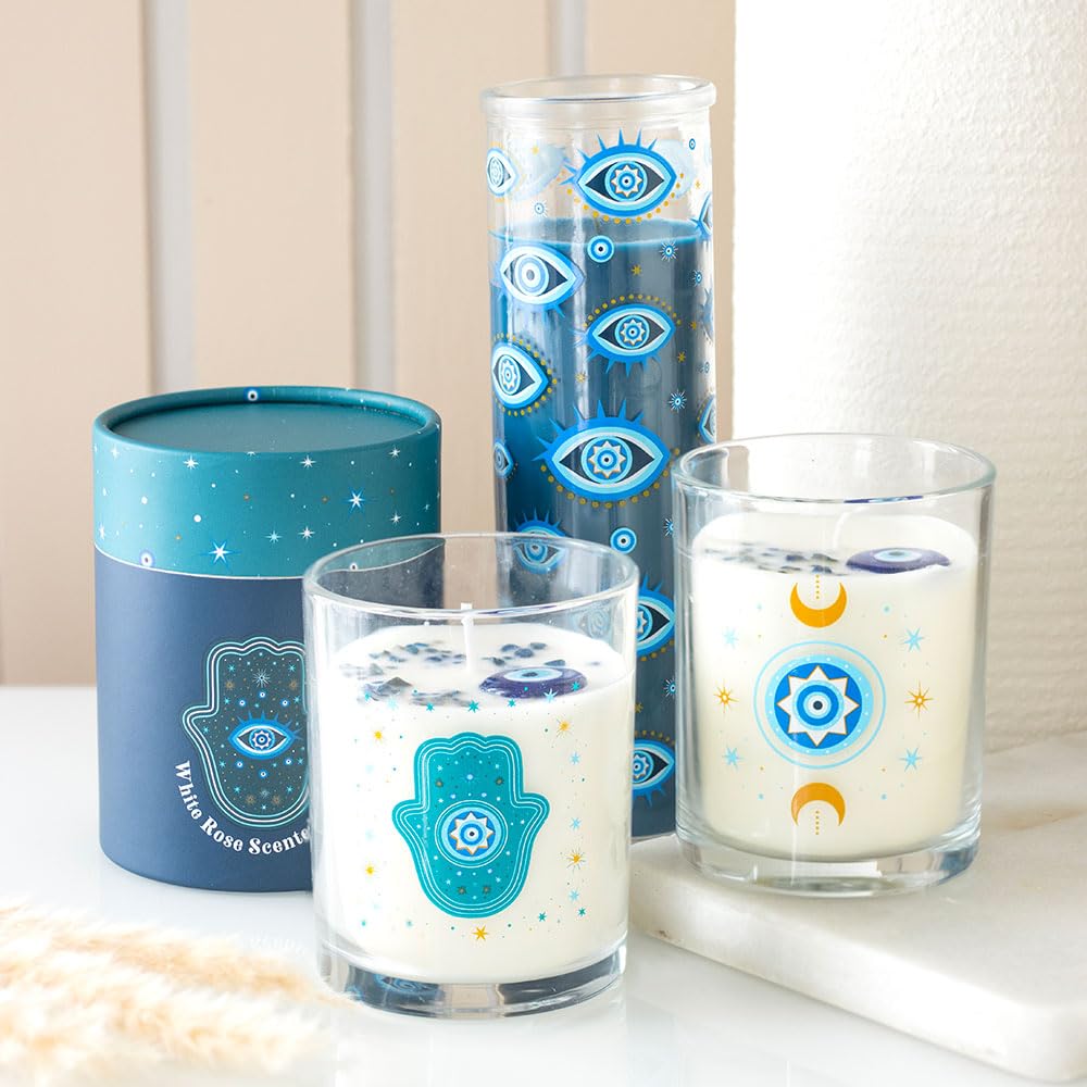Hamsa White Rose Crystal Candle | 48 Hour Burn | Protective Spiritual Decor | Mystical Gift | Star Accent Glass Jar