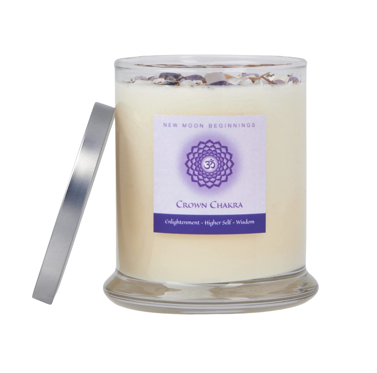 Crown Chakra Candle by New Moon Beginnings - Chakra Candles - Dried Flower, Herb, & Crystal Candles - Aromatherapy Candles - Soy Candle - 12oz Glass Jar