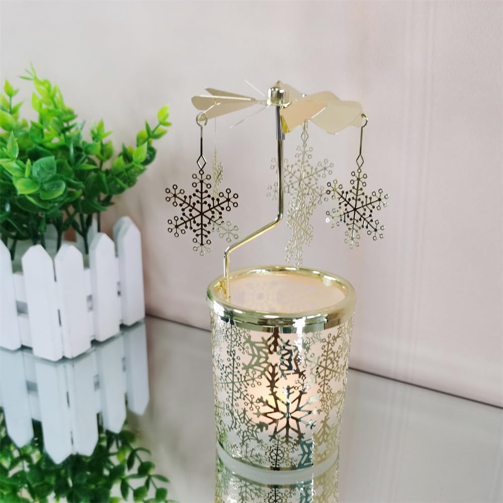adkinzim Rotary Candle Holders Spinning Tealight Holders Carousel for Tabel Decoration for Children Friend (Golden Snowflakes)