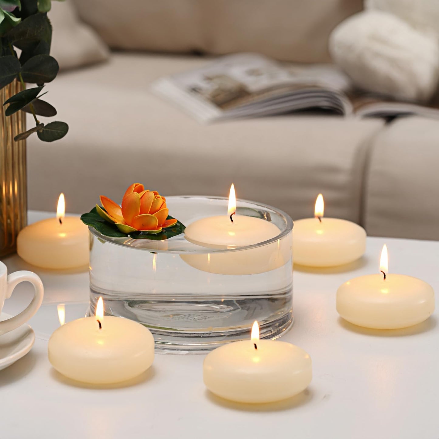 qinxiang 12 Pack Floating Candles, 3” Ivory Unscented Dripless Wax Burning Candles, for Cylinder Vases, Weddings, Party and Holiday