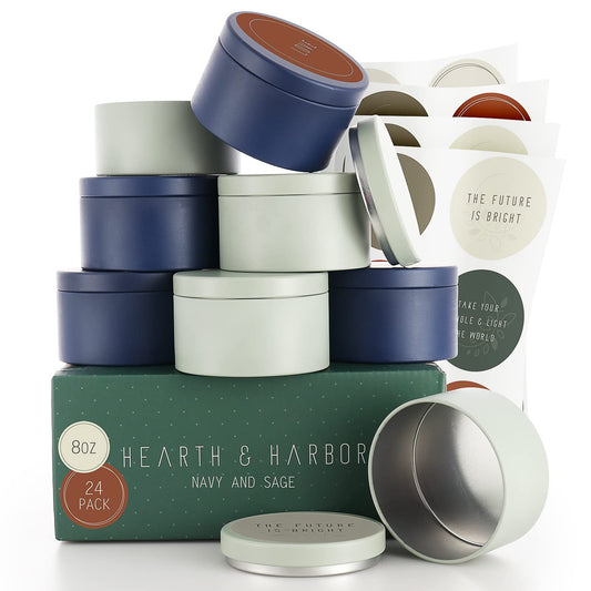 Hearth & Harbor Tin Candle Jars for Making Candles - DIY Candle Containers with Lids - Metal Candle Jars - Bulk Tins Storage for Candle - (24 Pieces) - (8 Ounces) - Solid Navy and Sage