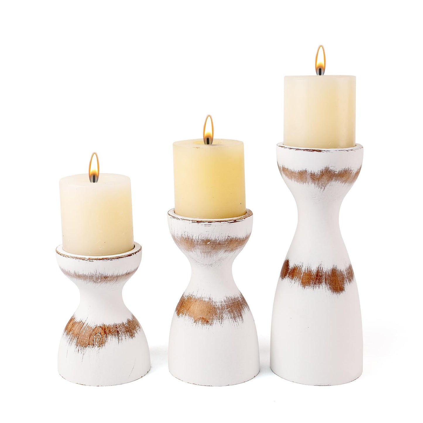 Set of 3 Farmhouse Wooden Candle Holders for Pillar Candles, White Distresse Rustic Wood Pillar Candle Stands with Hemp Rope Bow Table Centerpiece Decor for Fireplace, Living, and Dining Room