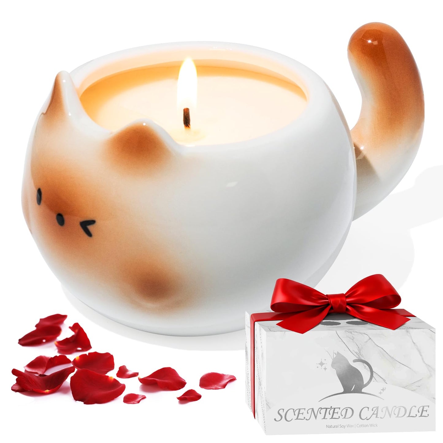 Cat Lover Gift – Cute Cat Scented Candle for Women, Rose Aromatherapy Soy Candle in Ceramic Cat Jar, Funny Cat Lover Gift for Mom, Friend, Birthday, Christmas