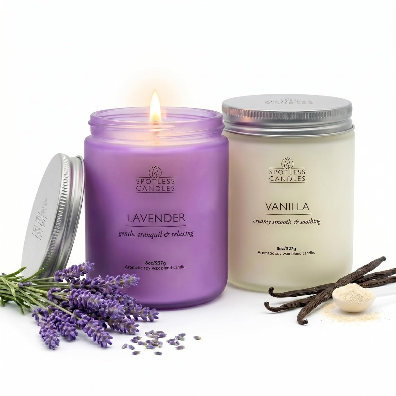 Aromatic Candles Two Pack - 2 x 8 oz Lavender & Vanilla in a Gift Pack, Classic Candle Set for Men and Women by Spotless Leopard