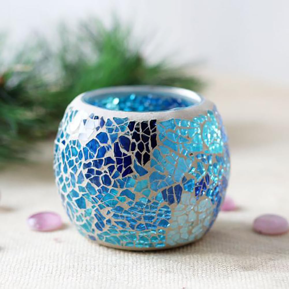 Mosaic Glass Votive Candle Holder, Handmade Tea Light Holder Romantic Candlestick for Vase Pen Holder Romantic Valentine Centerpiece Candle Holder Wedding Party Table Decorations (Blue)