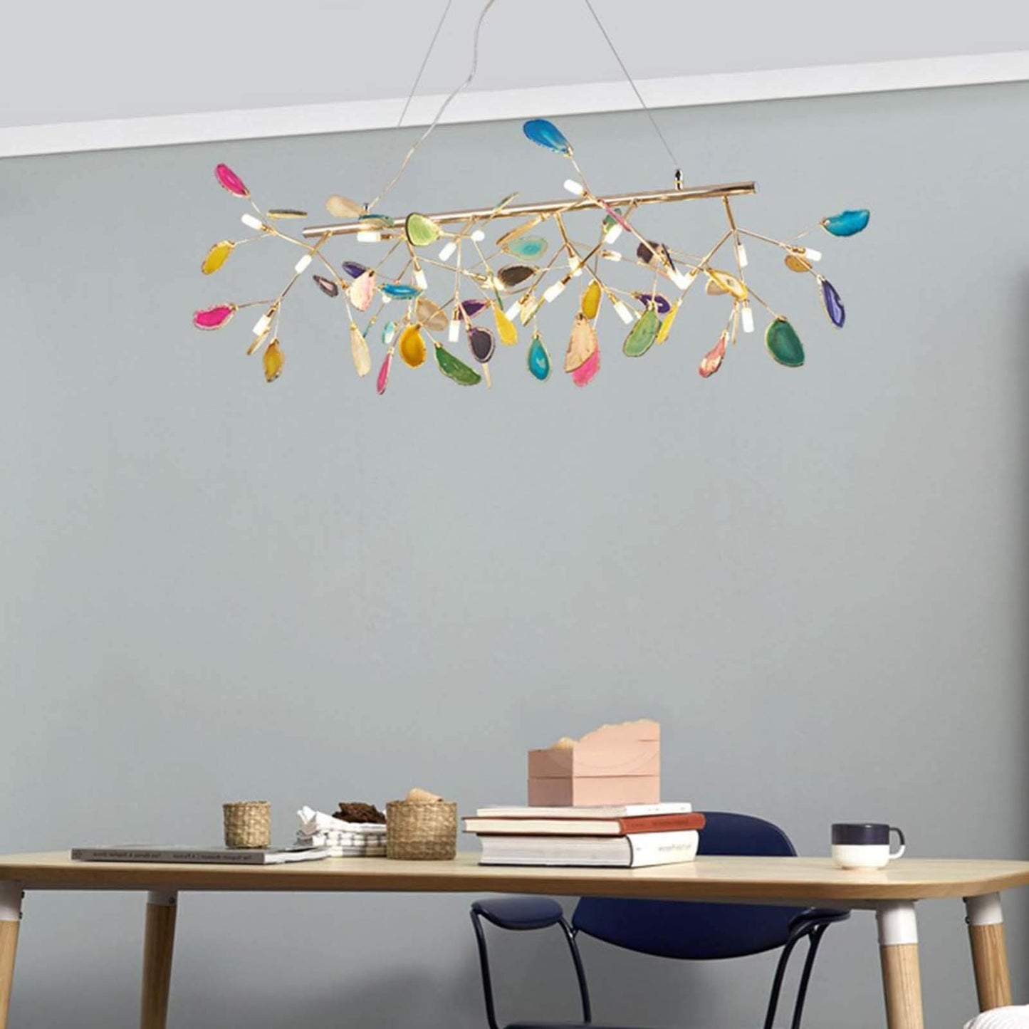 ZYBB Agate Firefly Chandelier Dining Room,Blue G4 Elegant Flush Mount Long Ceiling Light Fixture,24 Light Creativity Colorful Agate Stone During Light-Gold and Colored Agates
