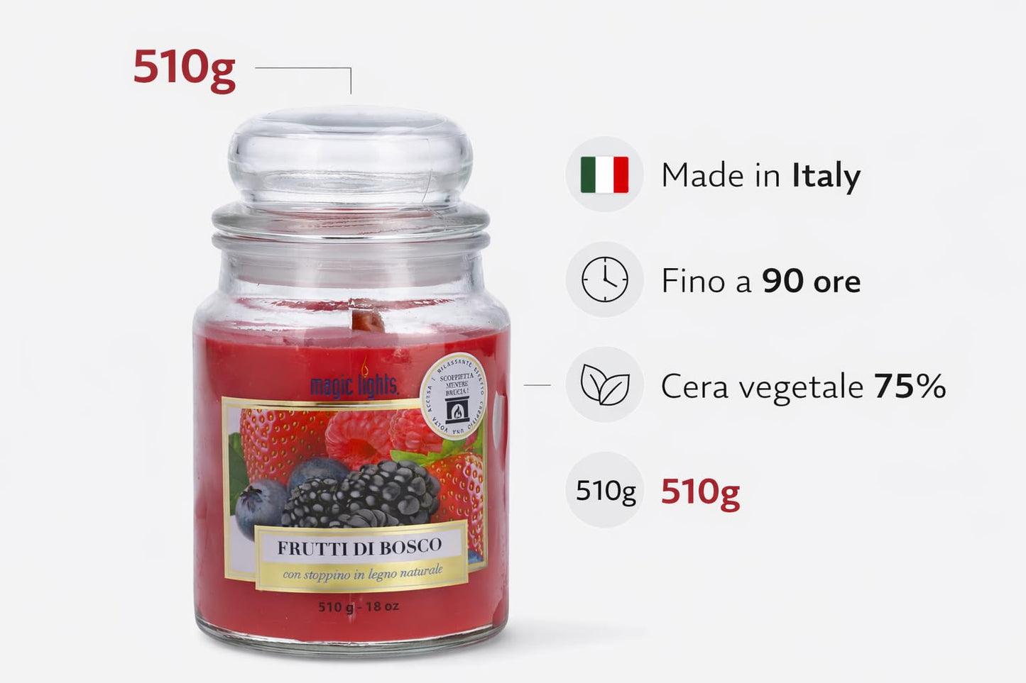 Candle jar 510g Berries with Natural Wood Wick, Made in Italy