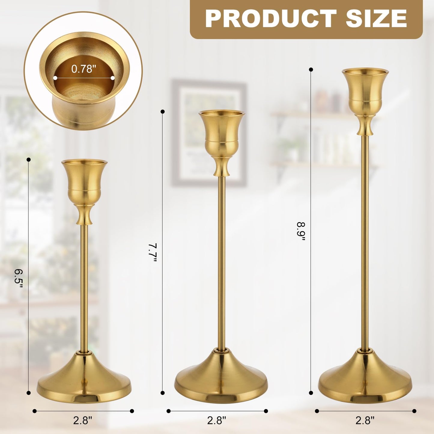 Tunyet Candlestick Holders 4 Sets(12 Pcs), Brass Gold Candle Holders with Anti-Slip Pad, Metal Taper Candle Holder, Candle Holder for Wedding Fireplace Mantel Housewarming Gift