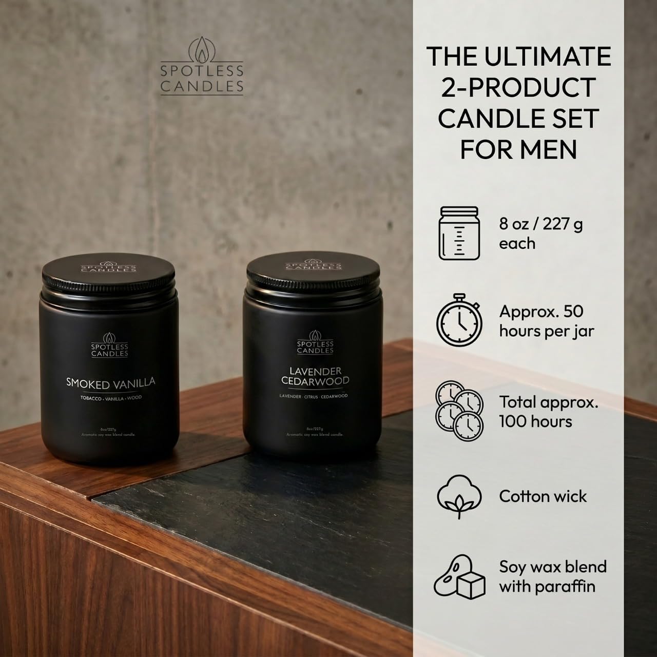 Mens Candle 2 x 8oz Pack Smoked Vanilla and Lavender Cedarwood Scents