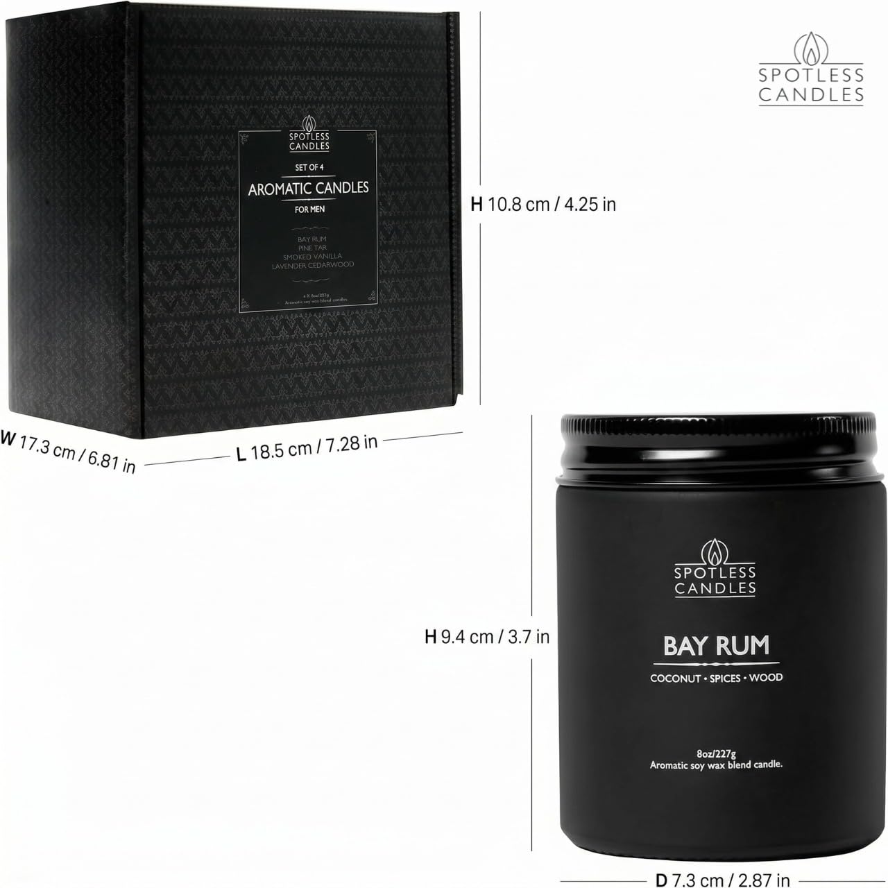 Men's Candle Gift Set; 4 x 8oz Scented Candles; Bay Rum, Pine Tar, Smoked Vanilla, Lavender Cedarwood; 200 Hours Burn Time; Matte Black Glass Jars; Premium Black Gift Box by Spotless Candles