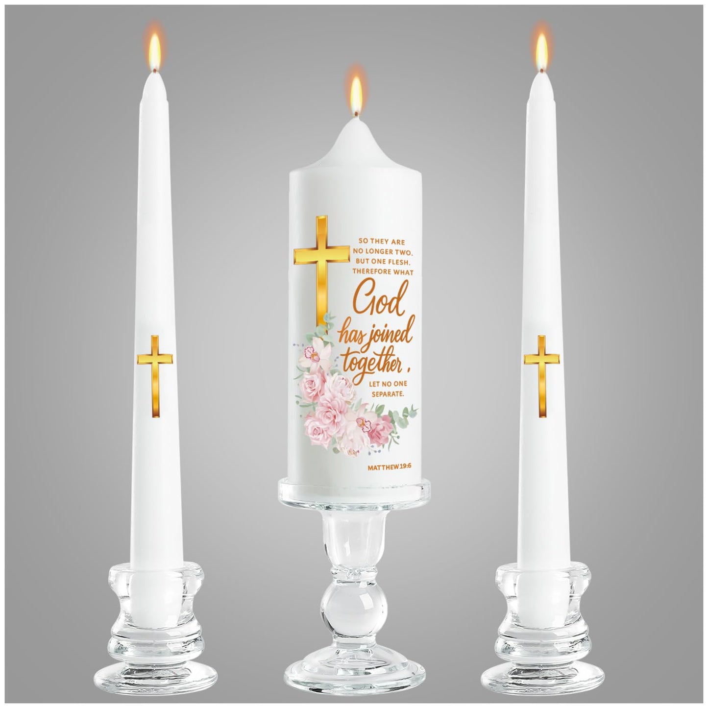 Musgsfbbs Wedding Candles for Ceremony with Glass Holders, Unity Wedding Candle Set with Matthew 19:6 & Gold Cross, Floral Pillar Candles for Catholic Wedding, Anniversary & Vow Renewal