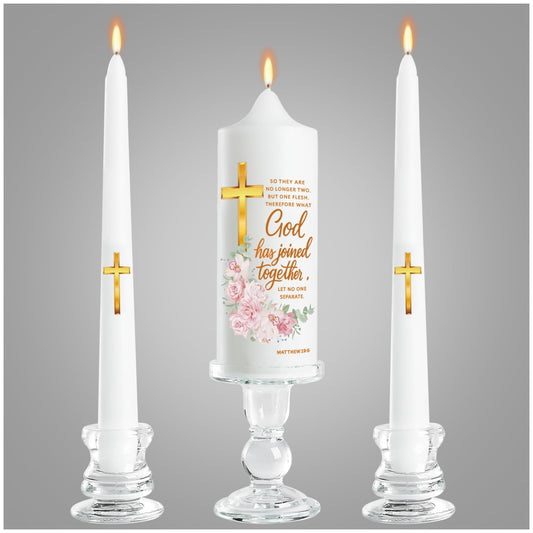 Musgsfbbs Wedding Candles for Ceremony with Glass Holders, Unity Wedding Candle Set with Matthew 19:6 & Gold Cross, Floral Pillar Candles for Catholic Wedding, Anniversary & Vow Renewal