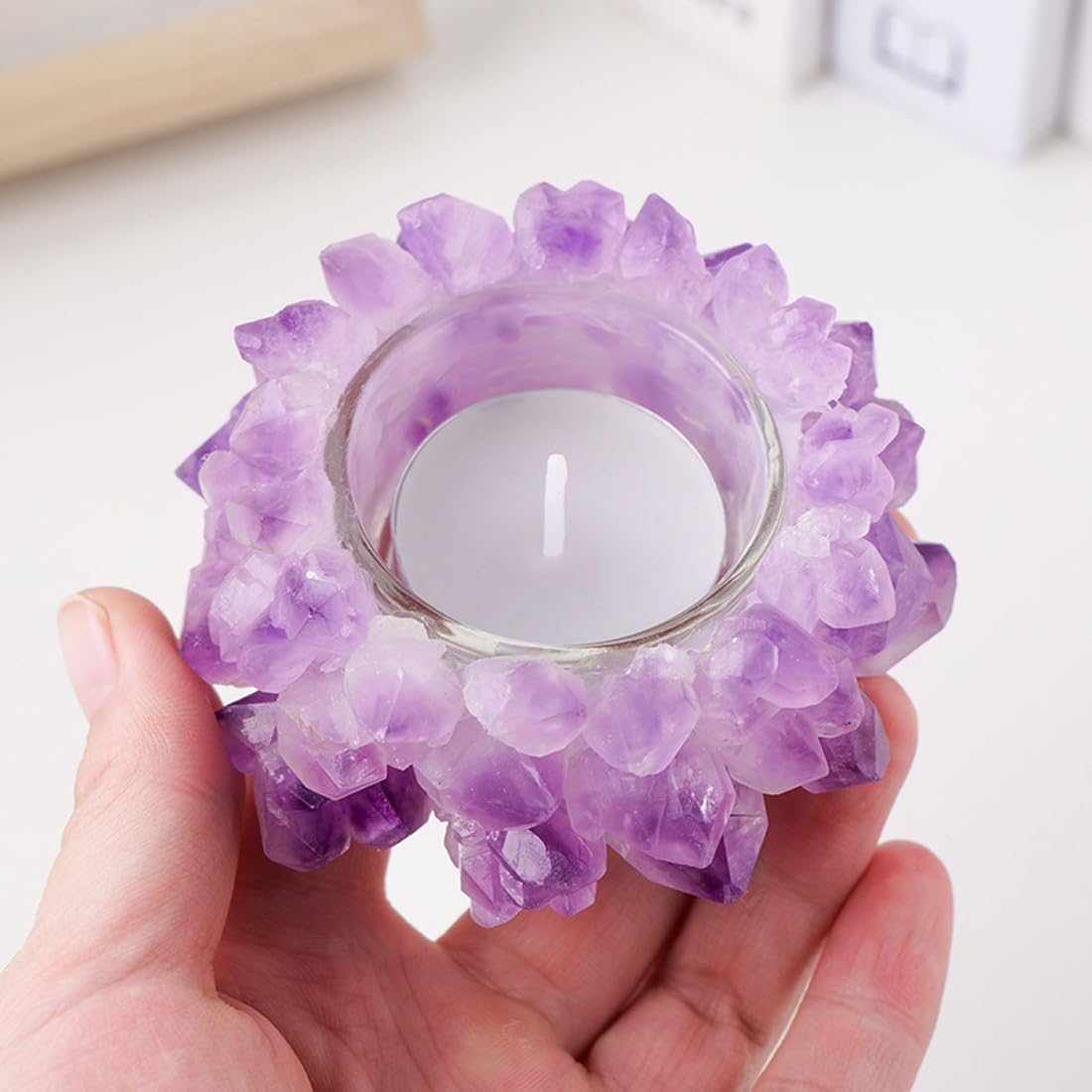 Natural Amethyst Cluster, Raw Crystal Tealight Candle Holder Crystal Stone Candle Stand High Energy Geode Votive with Healing Effects