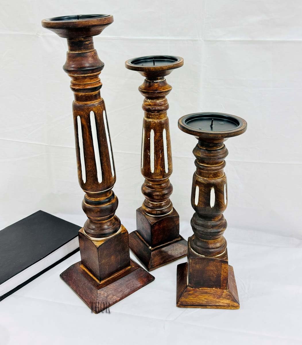 Pillar Candle Holders Set of 3, Candle Holders for Pillar Candle,Mango Wood Candle Holder for Coffee Dining Table, Wedding, Christmas, Halloween, Home Decoration,Brown