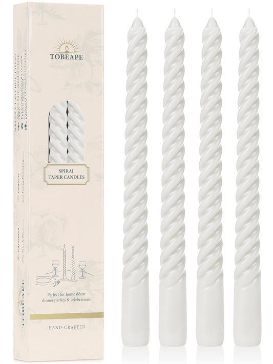 Tobeape White Spiral Taper Candles 10 Inch - 4 Pack Twisted Tapered Candle Sticks - Dripless Unscented Smokeless - Long Burning Decorative White Candlesticks for Dinner Wedding Party Table Home Decor
