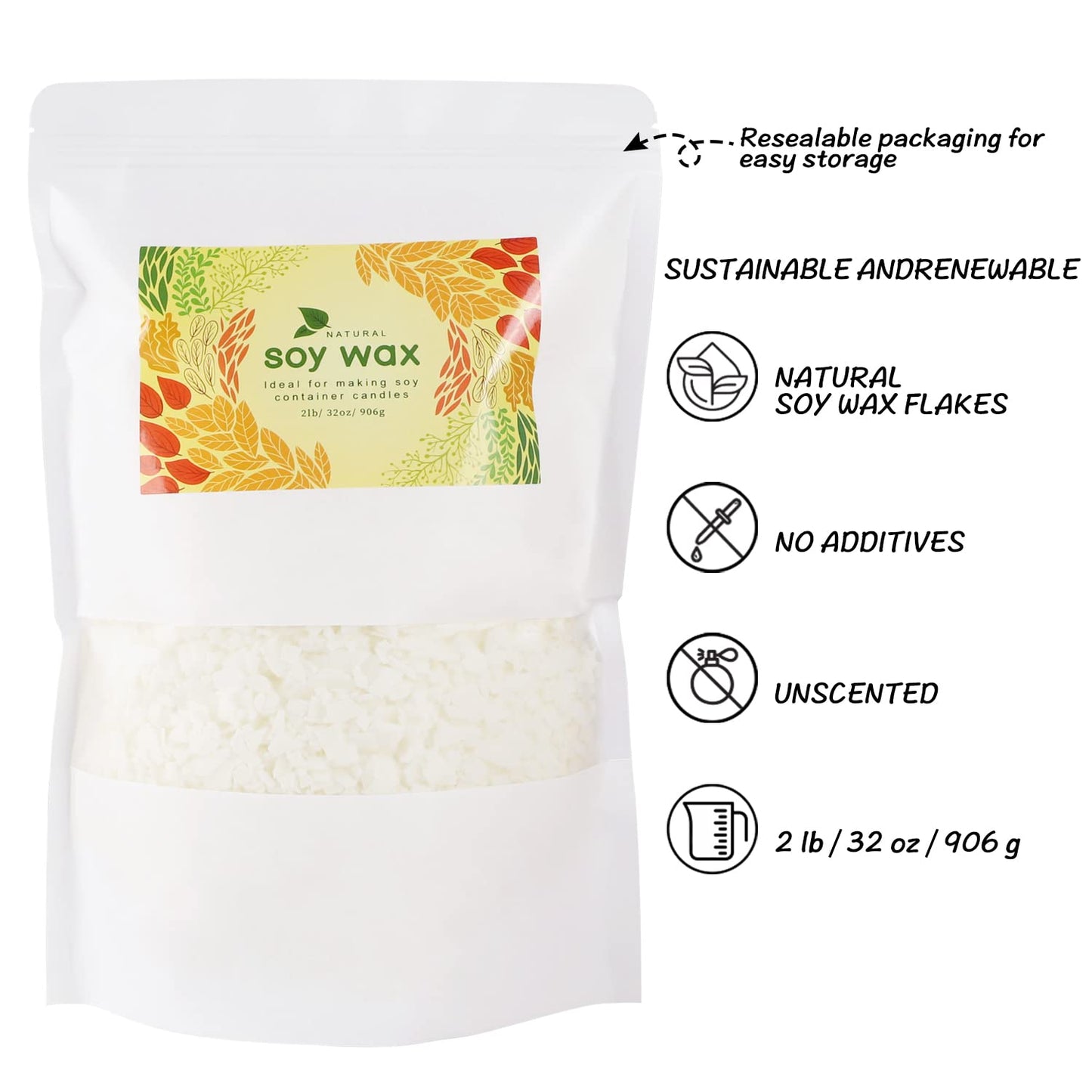 CLTNIKET Candle Making Soy Wax-2 lb Bag（32oz）-Pure Nature DIY Soy Wax Flakes
