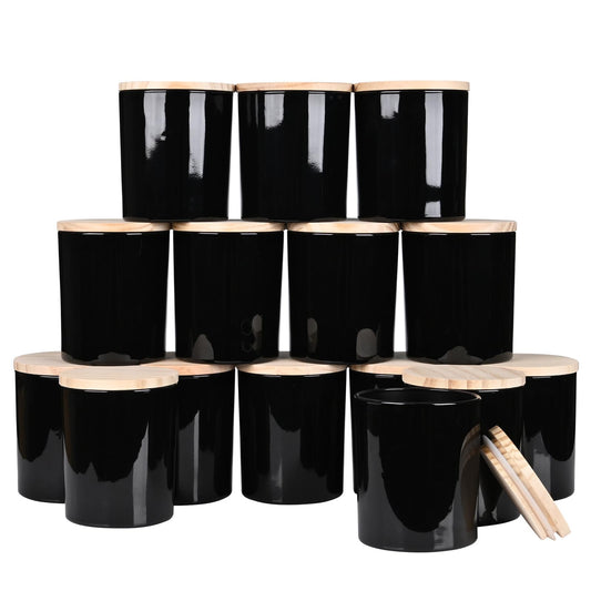 10 OZ Thick Candle Jars for Making Candles 15 Pcs, Empty Jars with Wood Lids for Candle Making, Sample Container, Glossy Black