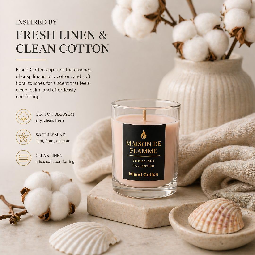 Fresh Linen Scented Candle, Soy Wax Candle for Bathroom, Powder Room & Bedroom, Up to 30 Hour Burn Time, Giftable, Sea Breeze Jasmine and Soft Musk Fragrance, Island Cotton, 5.3 oz – Maison De Flamme