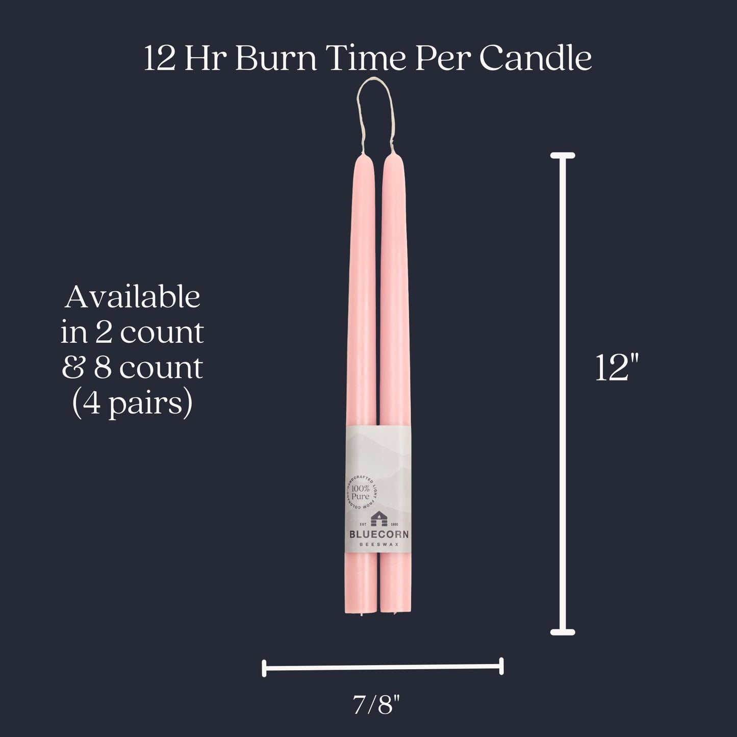 Bluecorn Beeswax Taper Candles, 100% Pure Natural Bees Wax, Pair of 12 Inch Light Pink Tapered Candlesticks, Clean Burning & Dripless, Fragrance Free, Long Lasting, Home Decor, American Made,1 Count