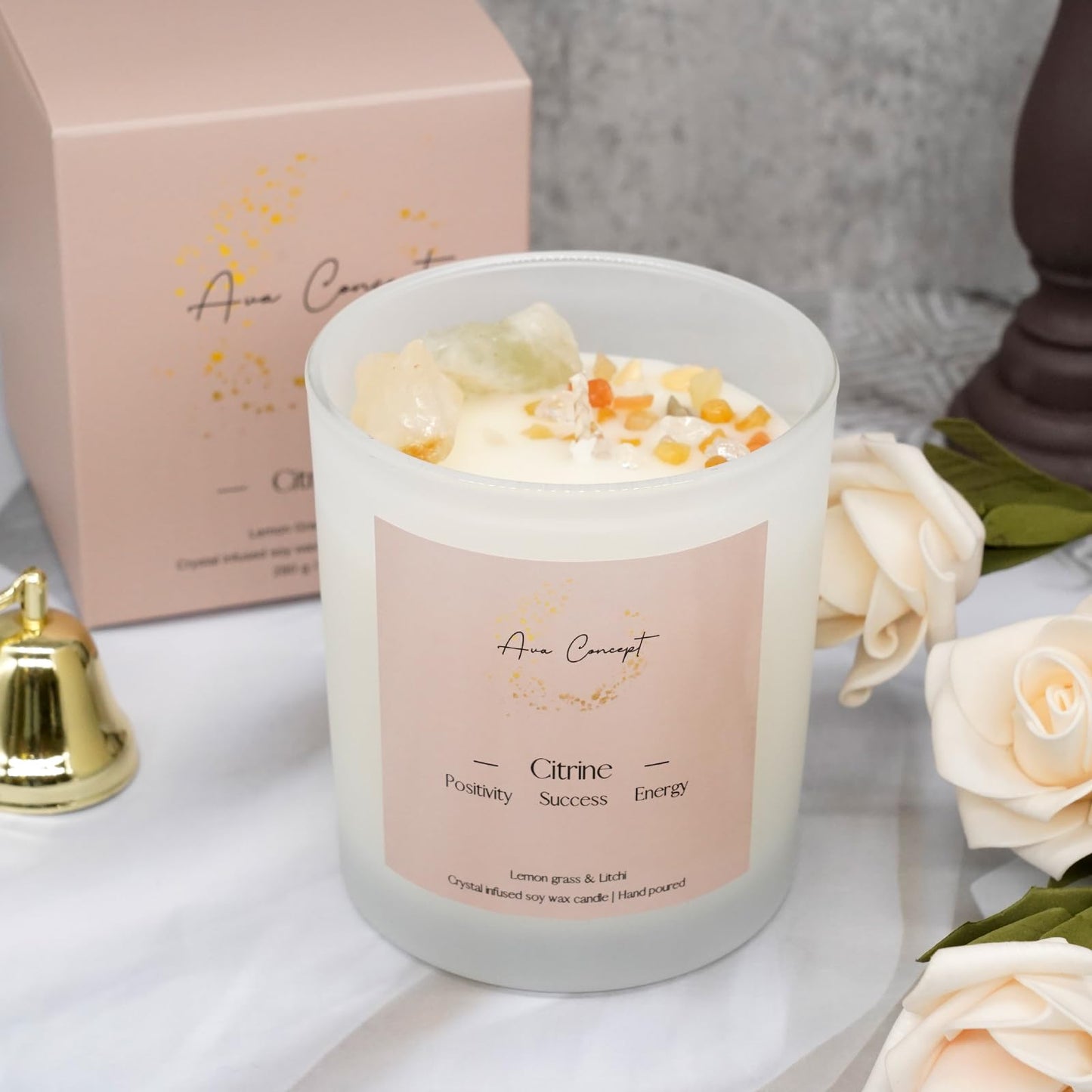 Ava Concept Citrine Crystal Candle – 10oz / 280g | Lemongrass & Litchi Aromatherapy | Hand-Poured Soy Wax | Genuine Citrine Healing Crystals Embedded | Positivity, Success & Energy | Gift Box Included