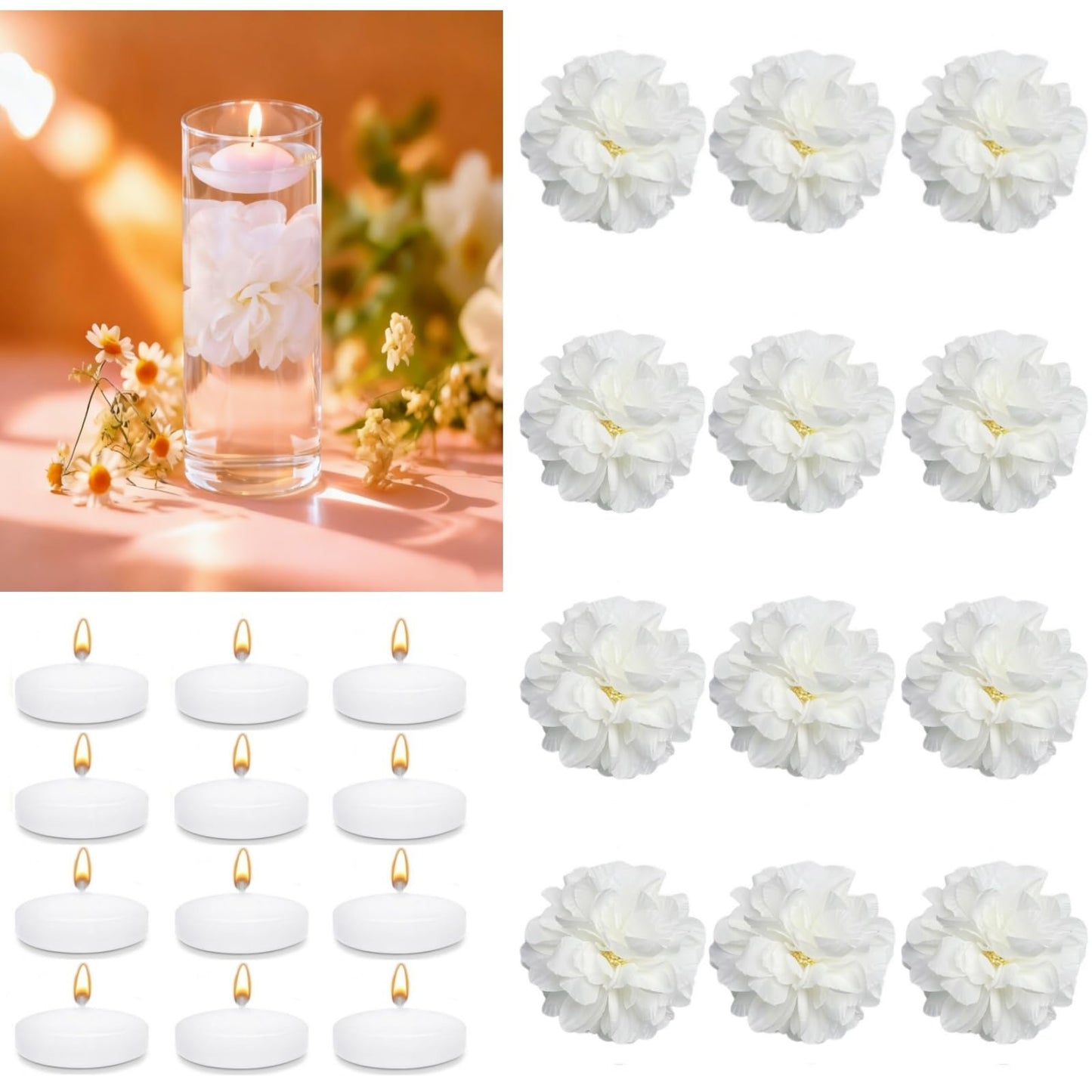 UDU 24 Pcs Floating Candles for Centerpieces and Floating Flowers for Centerpieces Artificial Flower Head for Home Birthday Wedding Party Table Decor Creamy White