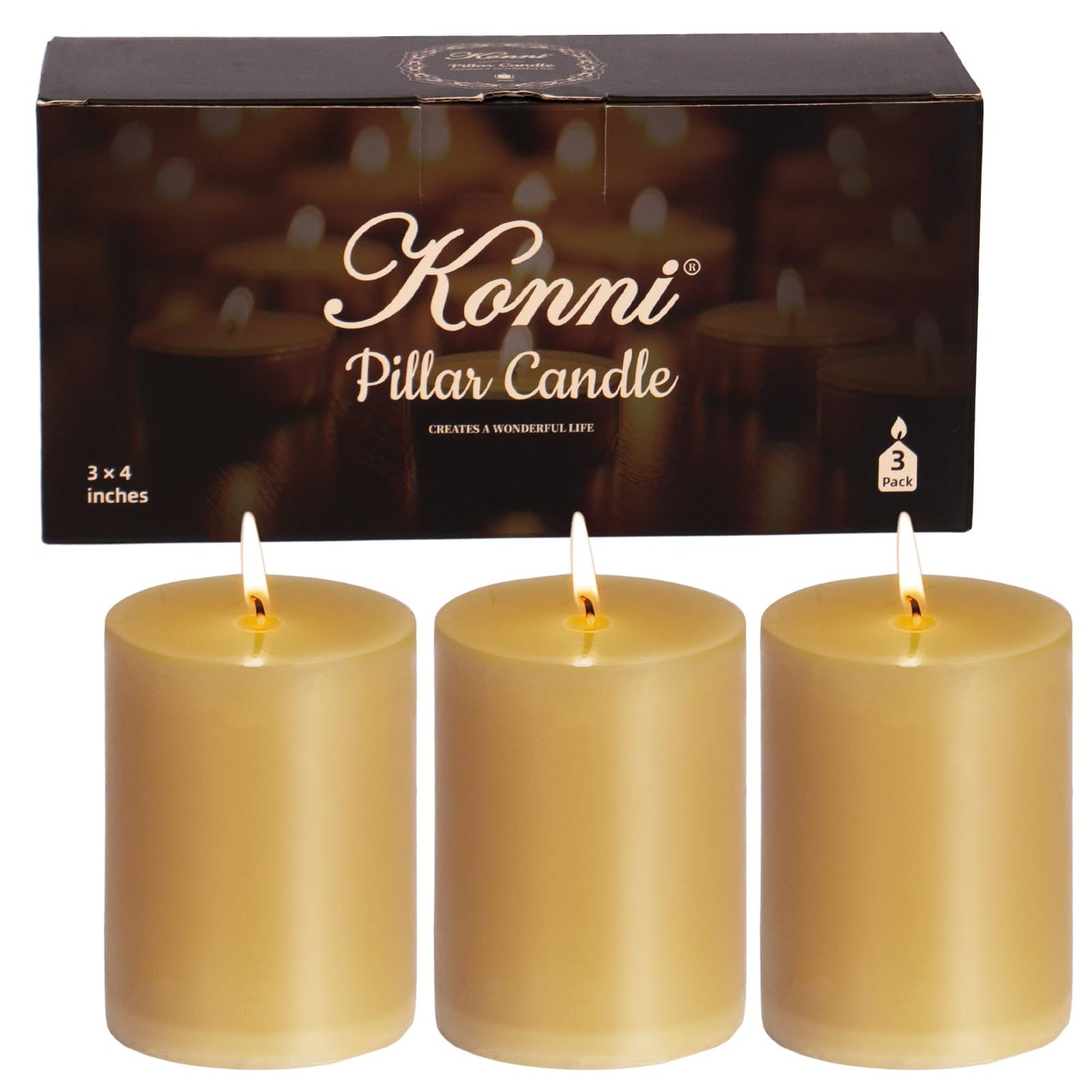 KONNI Mustard Yellow Pillar Candles Set of 3, 3"x 4" Unscented Pillar Candles Bulk, 39 Hours Long Burning Candles, Smokeless&Dripless Large Round Candle for Wedding, Home Decoration, Parties