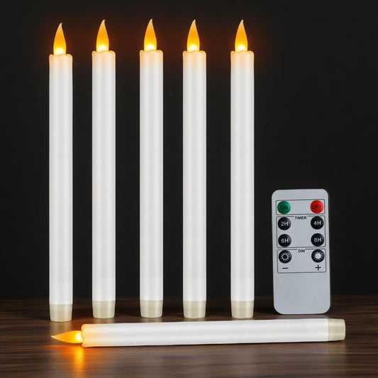 wemarry 10" Flameless Taper Candles with Remote, Electric Led Candlesticks, Plastic Tall Taper Candles Battery Operated with Flickering Flame for Halloween Christmas Wedding Home Décor (White, 6 Pack)