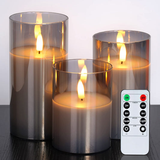 Amagic Grey Glass Flameless Candles, Halloween Battery Operated Candles, LED Pillar Candles with Remote Control and Timer, Electric Fake Candles for Holiday Spooky Decor, Wax, D3 H4 5" 6", Set of 3