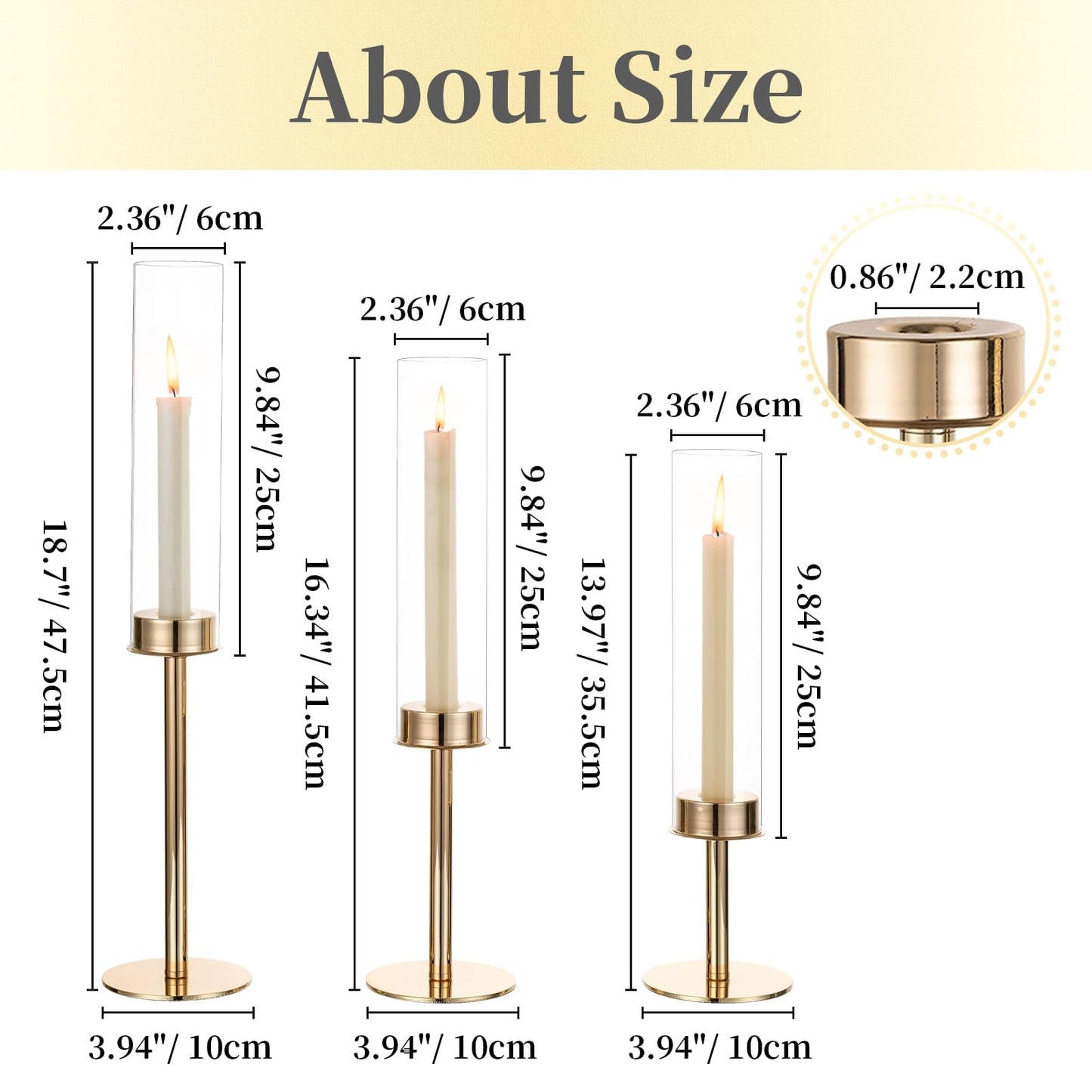 Hewory Gold Candle Holders Hurricane Candlestick Holders, 6Pcs Candle Stick Candle Holder Candelabra, Taper Candle Holders with Glass Candle Cover for Wedding Table Centerpiece Christmas Decor