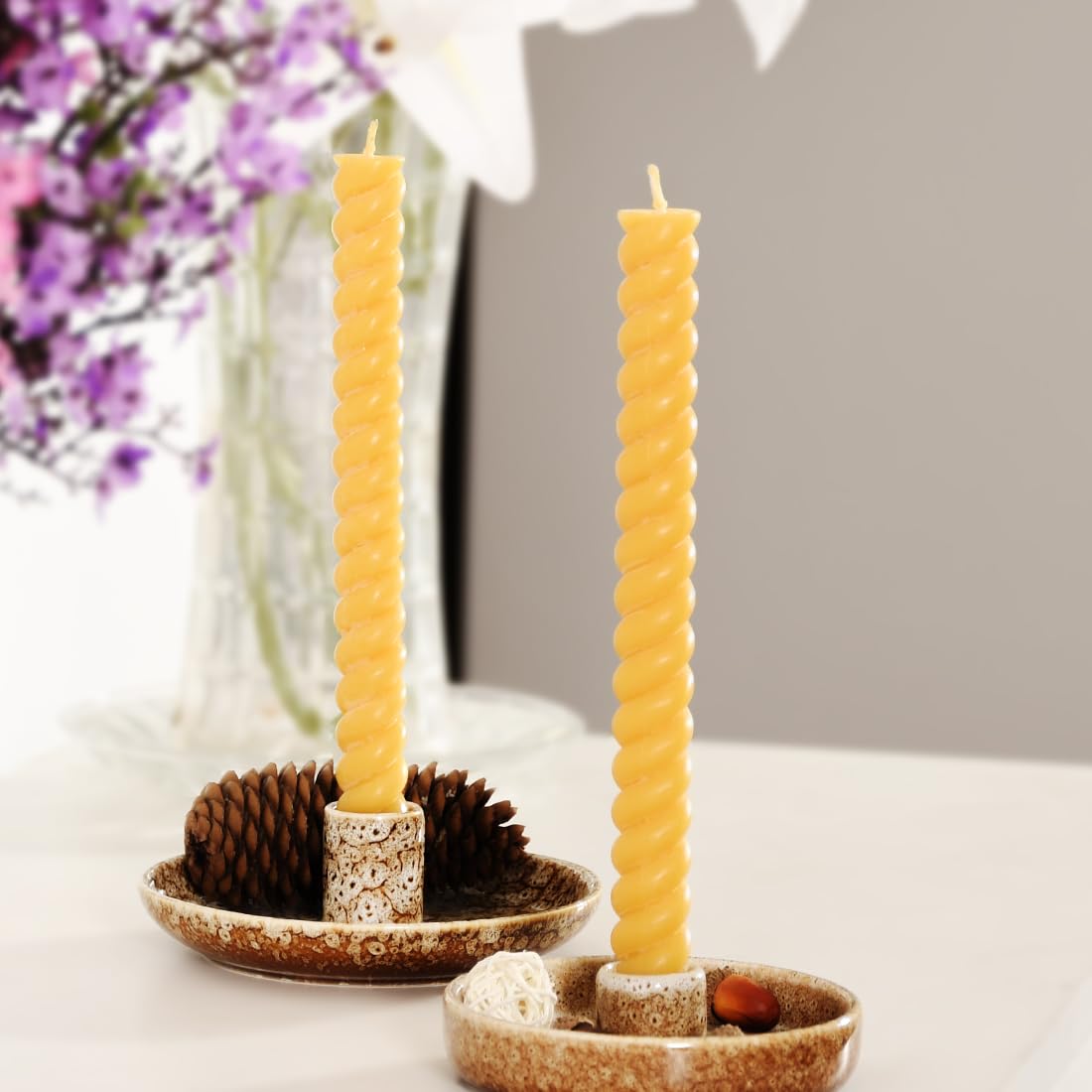 DEYBBY Natural Beeswax Spiral Candles, Dripless and Smokless 10 inch Pure Beeswax Candles Set of 12, Long Lasting Burning Candles for Anniversary Date Dinner Decor