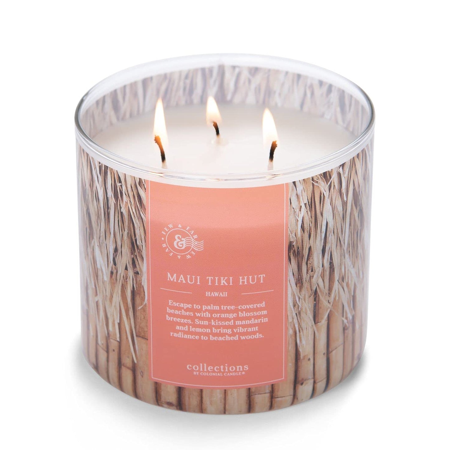 Colonial Candle Maui Tiki Hut Scented Jar Candle, Travel Collection, 3 Wick, Peach, 14.5 oz - Up to 60 Hours Burn