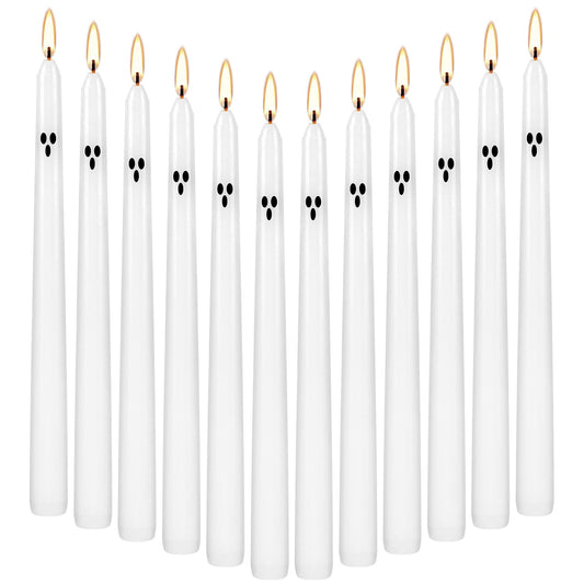 12 Pack Halloween Taper Candles - 10 Inch White Ghost Face Smokeless Candles, Long-Lasting 7+ Hour Burn, Premium Wax for Spooky Decor & Parties