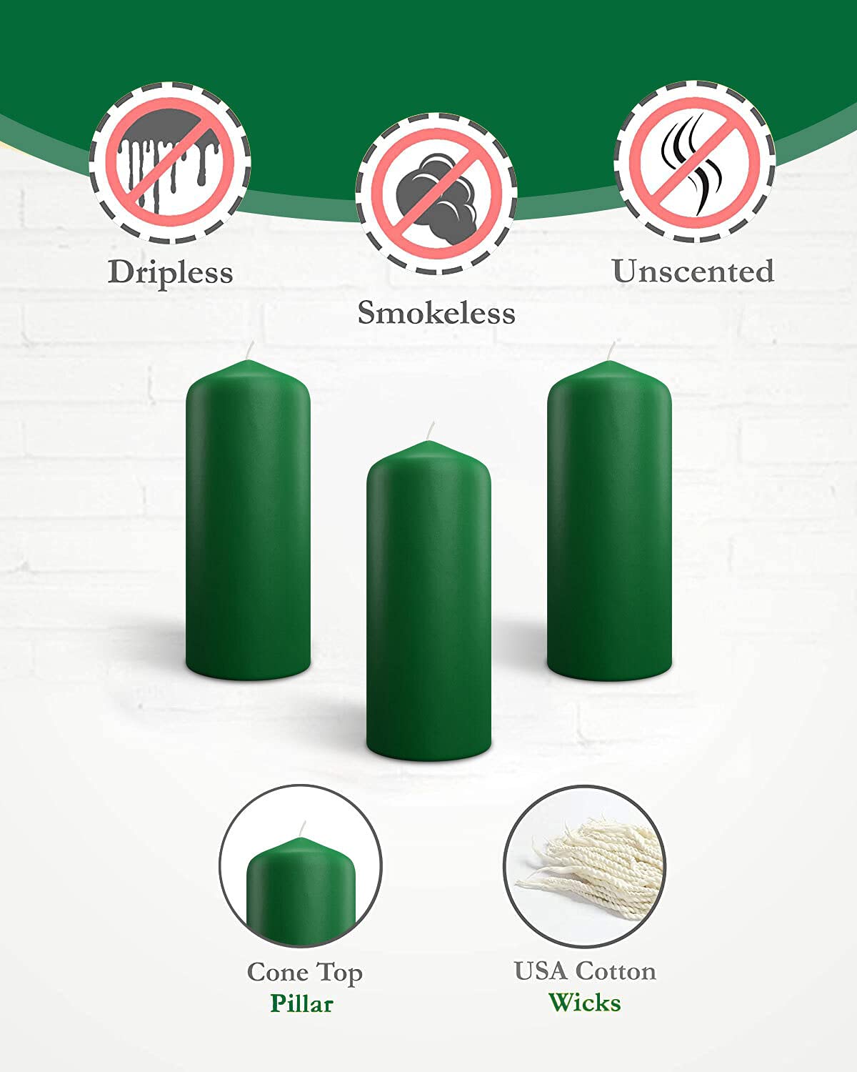 Cone Top Pillar Candles by Bask - Set of 6-3" x 6" Dripless Unscented Holiday Candles in Green for Home Decor, Relaxation & All Occasions