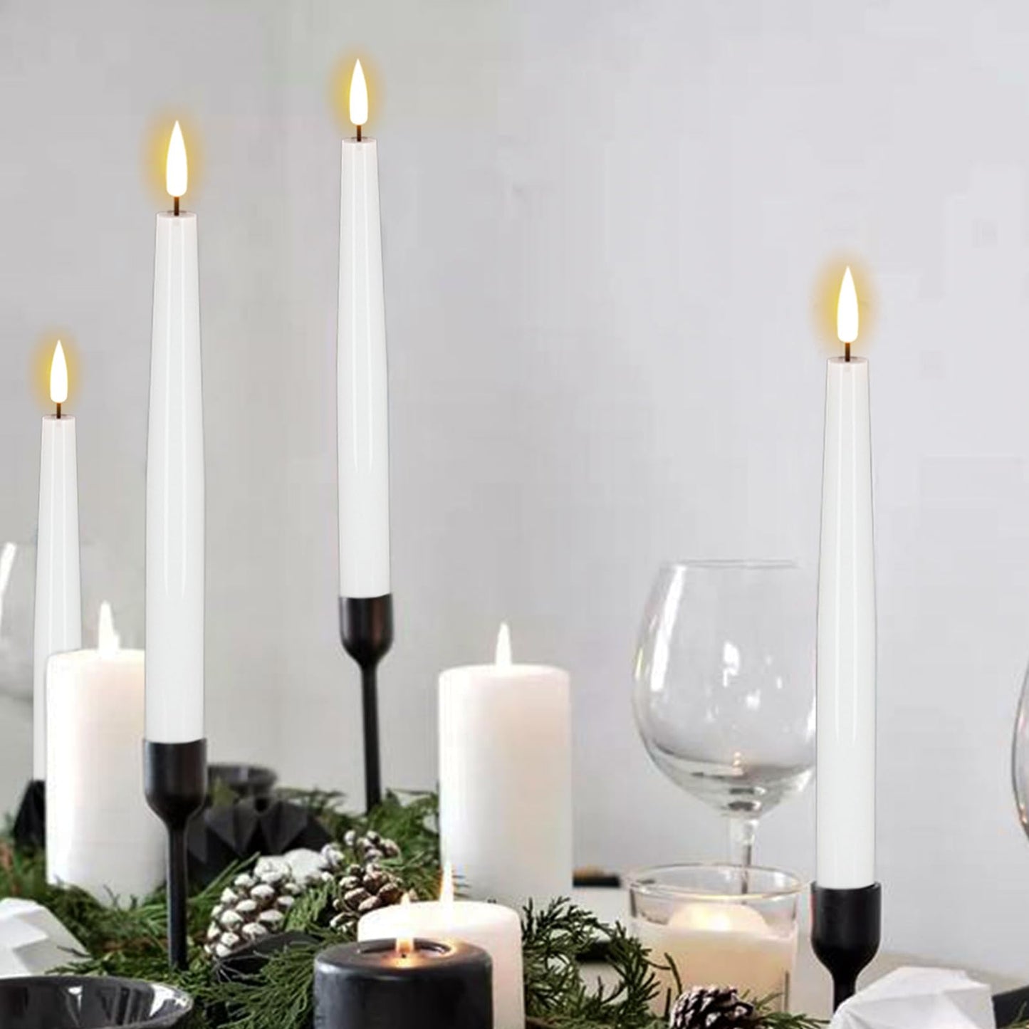 GenSwin Flameless Taper Candles, LED Taper Candles Battery Operated with Remote Timer, Set of 2 Real Wax White Flameless Candlesticks with 3D Flame for Home Weddin Party Holiday Decor (0.78” x 9.84”)