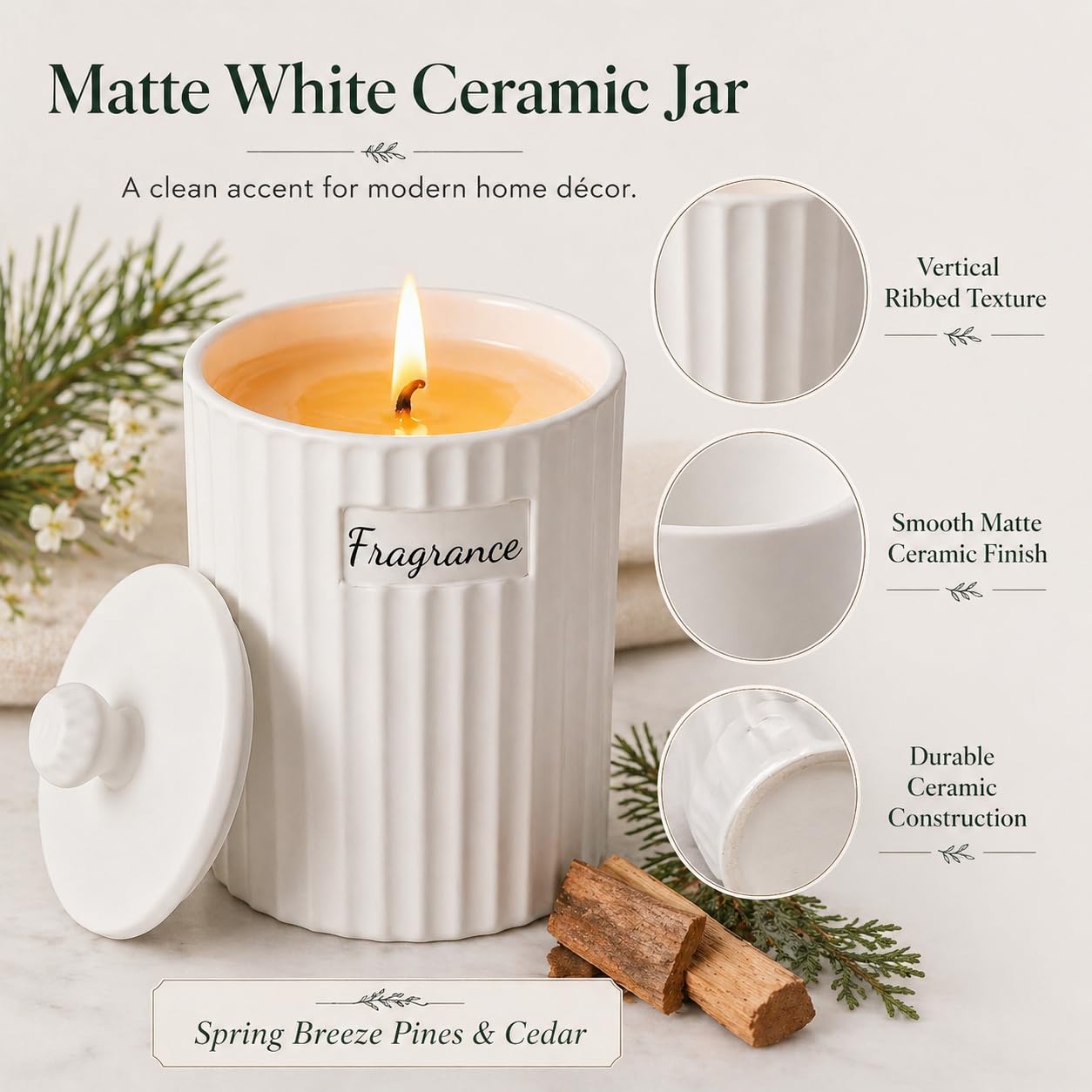 Viyffo 6.35oz Small Scented Candle - Spring Breeze Pines & Cedar, Ivory Non Toxic Soy Candle Gift for Women, Matte Ceramic Jar with Lid Candle, Luxury Fragrance, Elegant Spring Décor & Birthday Gift