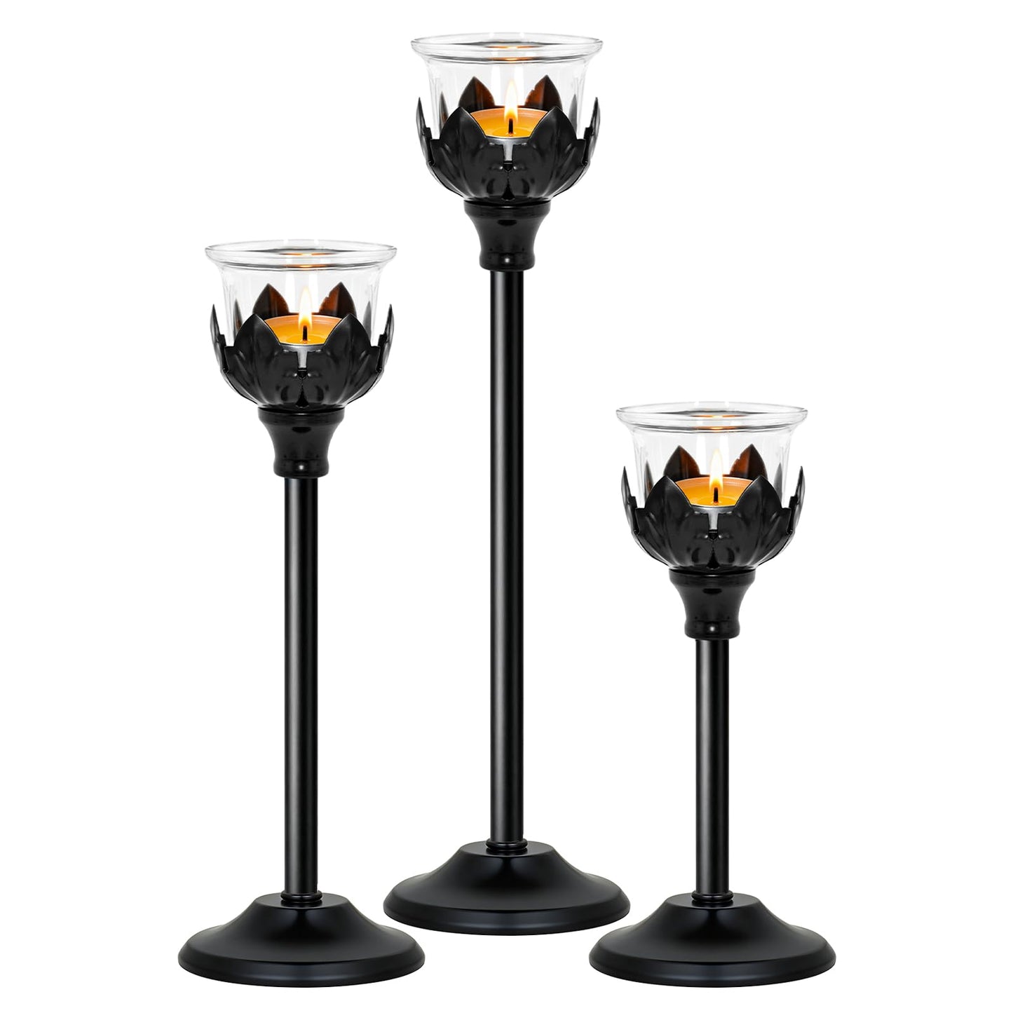 Set of 3 Metal Tea Light Candle Holder with 3 Glass Cups, 12/10/8 Inch Elegant Tealight Candelabra Centerpiece for Wedding Table Decor, Tiered Home Party Decoration (3, Black)