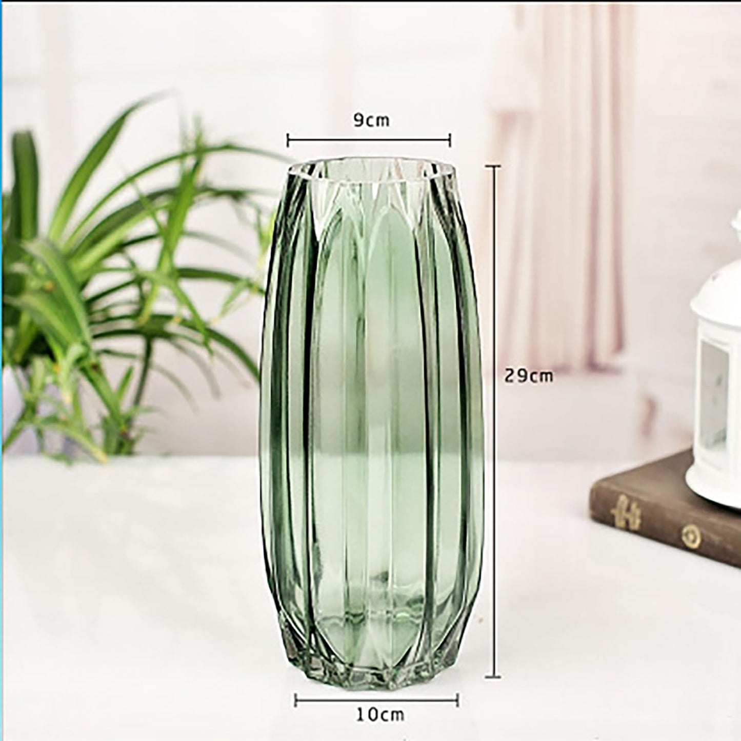 Lucky Bird Green Ribbed Glass Vase - Modern Tall/Short Centerpiece for Flowers, Candles & Decor (H12.0inch)
