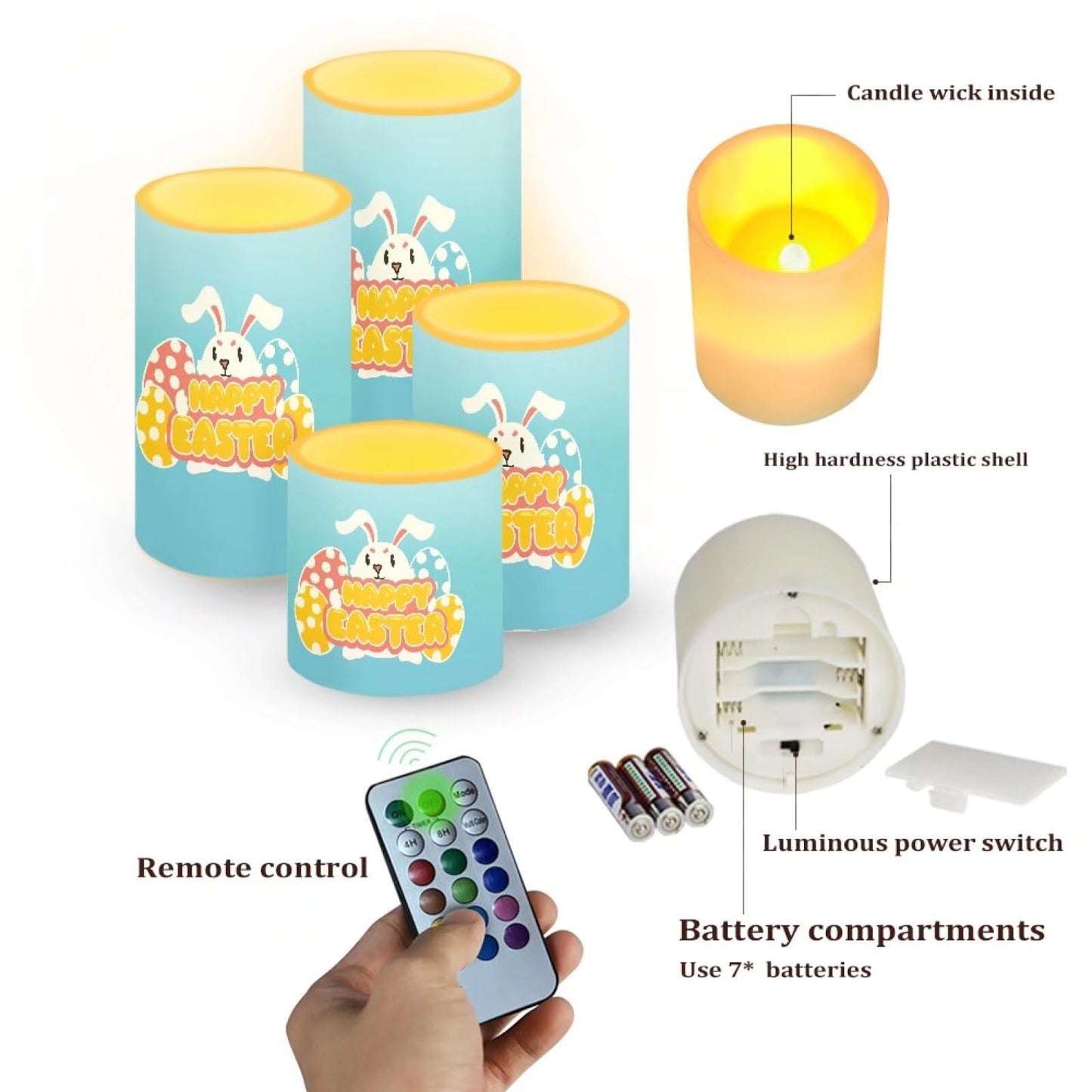 NETILGEN Happy Easter Day Flameless LED Candles Electric Candles with Remote Timer Control Long Lasting Pillar Candles for Home Decorations Pack of 4